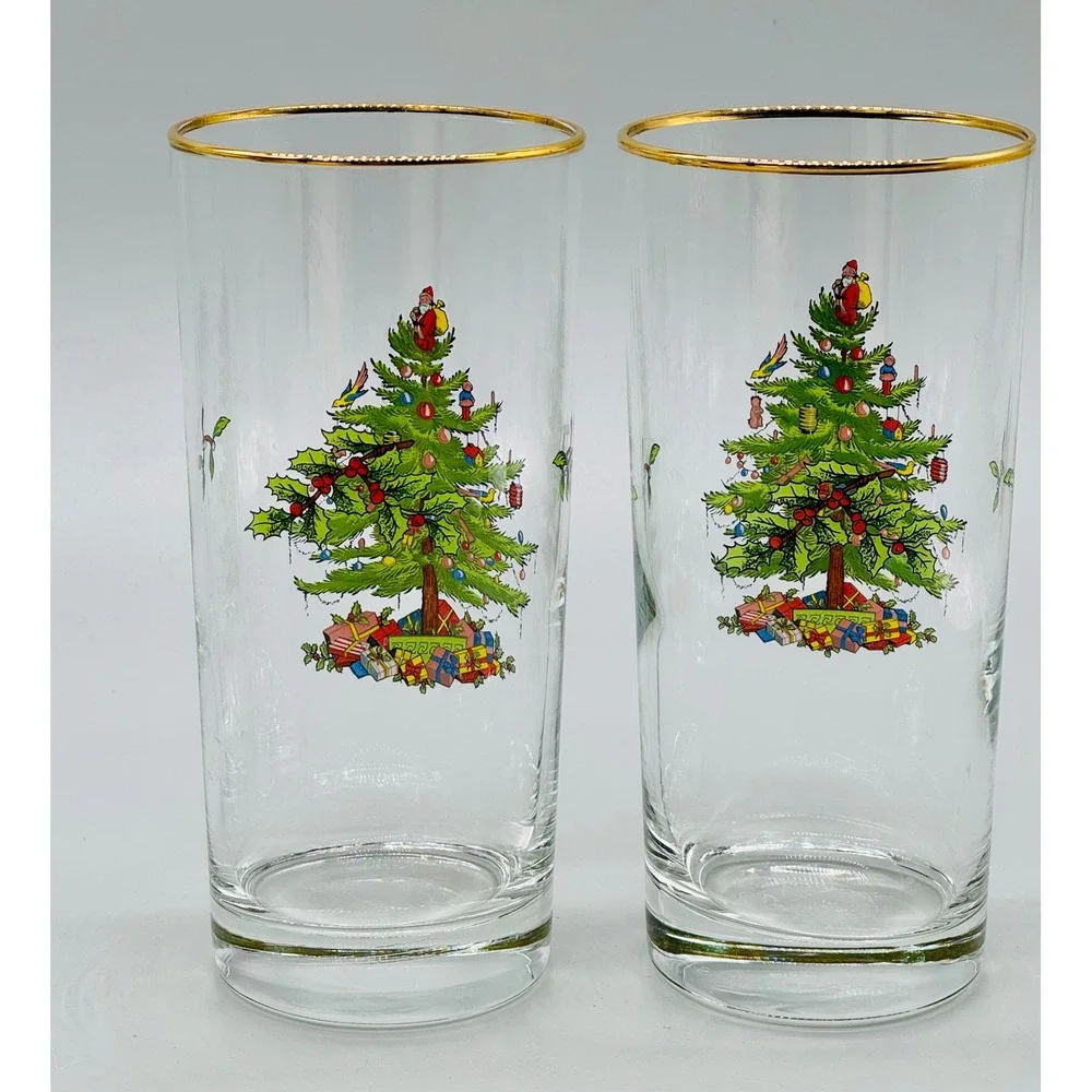 Spode Christmas Tree Highball Glasses Tumblers Clear Gold Rim Set of 4 Boxed